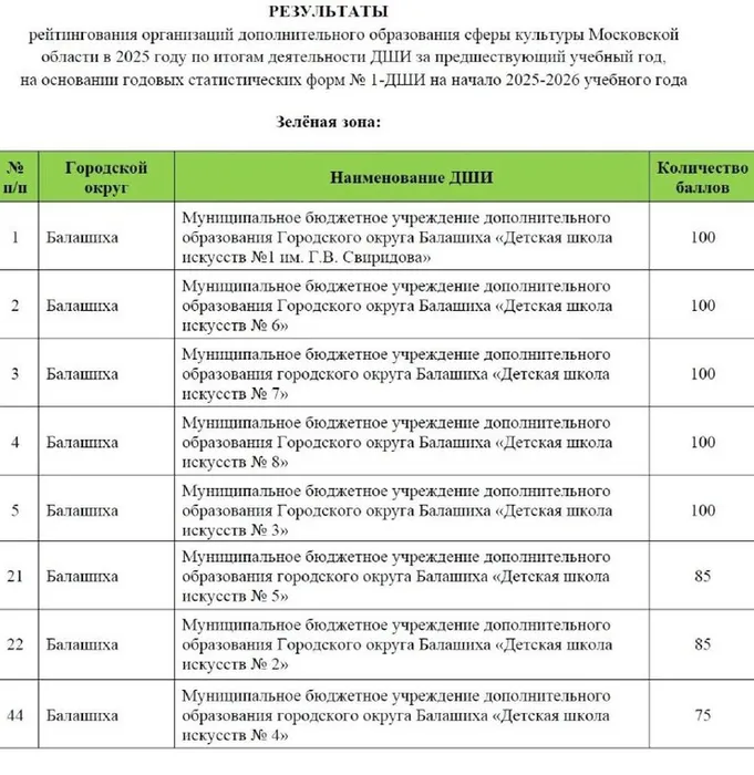 ДШИ №7 100-бальный результат в областном рейтинге
